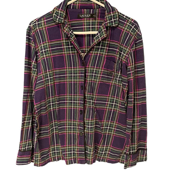 LAUREN RALPH LAUREN Flannel Plaid Shirt Button Front Purple Violet Size Medium - Picture 1 of 13